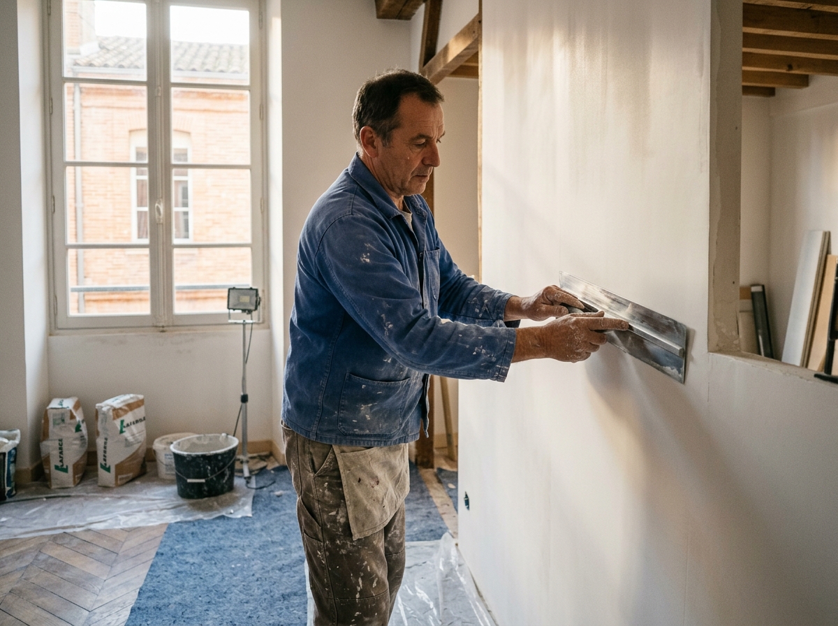 Artisan plâtrier au travail sur un mur intérieur à Toulouse
