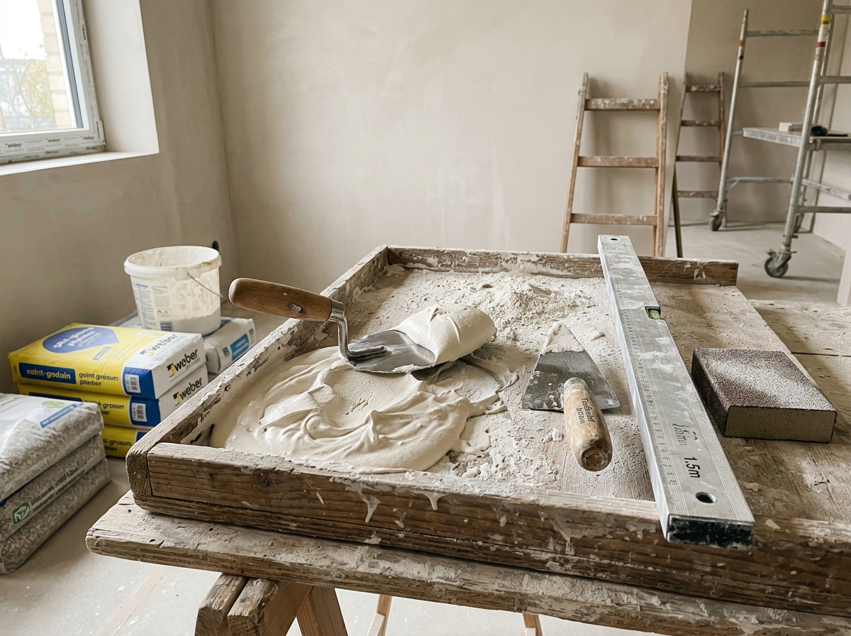 Préparation du plâtre frais sur établi